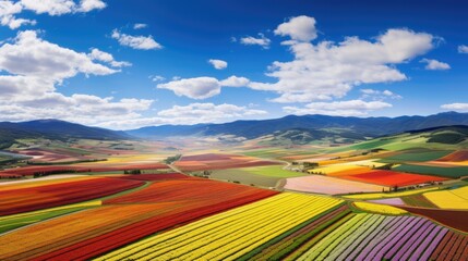 aerial view from a vibrant flower field with a clear blue sky and rolling hills generative ai