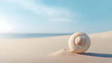 Fototapeta  - Perfectly spiraled seashell on a pristine sandy beach, Seashell Spiral in Minimal Form, Seashell on sandy beach