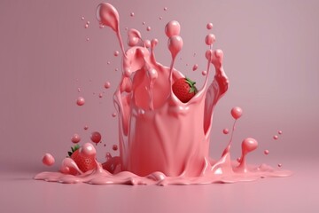 Sticker - Background with splashing strawberry milk portrayed in 3D rendering. Generative AI