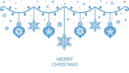 Wall Mural - Christmas greeting card with blue baubles and snowflakes.Christmas golden decoration garland.