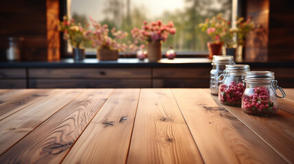 Sticker - Empty wooden table in front of abstract blurred background of coffee shop.generative ai