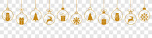 Christmas Ball Golden Line Icon.Set Of Simple Hanging Golden Christmas Balls Seamless Border .Holiday Christmas Decoration. New Year Seamless Banner .