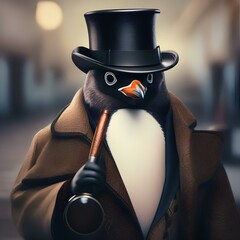 Wall Mural - A penguin in a Sherlock Holmes outfit, solving mysteries with a pipe and magnifying glass4