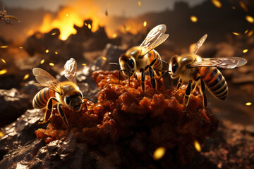 Poster - A colony of bees swarming around a beehive, working together to produce honey. Generative Ai.