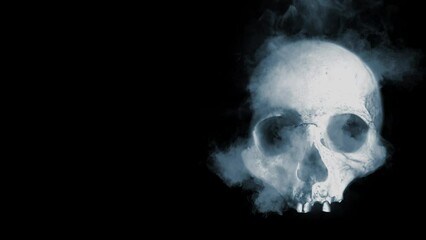 Wall Mural - skull smoking in black atmosphere 4k loop features a partial skull in a black atmosphere with smoke 