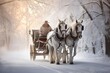A team of two horses with a carriage in a winter scenery. Ai generative.
