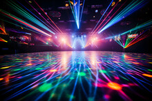  Colorful laser lights illuminating a dance floor 