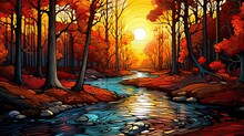 Stunning Landscape Using The Artistic Techniques Of Stained Glass.