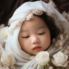 Wall Mural - An adorable baby wrapped in a white cloth with flowers in the background. Generative AI. 