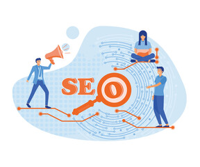 Poster - search engine optimization or social media to engage online user concept, young people. flat vector 