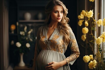 A woman in an elegant dress, showcasing her pregnancy with poise and grace, the beauty of motherhood