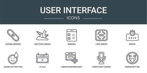 Poster - set of 10 outline web user interface icons such as expand arrows, sketched arrow, bending, loop arrow, bridge, round left button, 41 alu vector icons for report, presentation, diagram, web design,