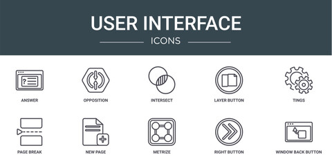Poster - set of 10 outline web user interface icons such as answer, opposition, intersect, layer button, tings, page break, new page vector icons for report, presentation, diagram, web design, mobile app