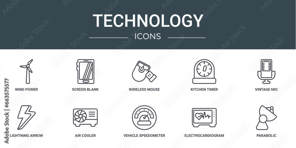 set of 10 outline web technology icons such as wind power, screen blank ...