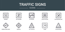 set of 10 outline web traffic signs icons such as highway, no children, no trucks, police station, no shopping cart, degree curve road, hospital vector icons for report, presentation, diagram, web