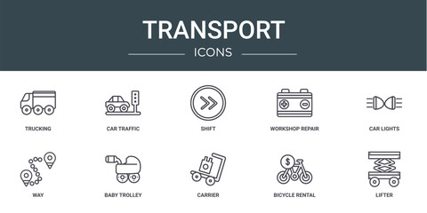 Poster - set of 10 outline web transport icons such as trucking, car traffic, shift, workshop repair, car lig