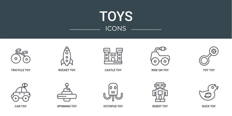 Poster - set of 10 outline web toys icons such as tricycle toy, rocket toy, castle toy, ride on car spinning 