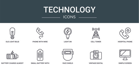 Poster - set of 10 outline web technology icons such as old light bulb, phone with wire, light on, cell tower, hospital phone, battery charge almost full, small battery with medium charge vector icons for