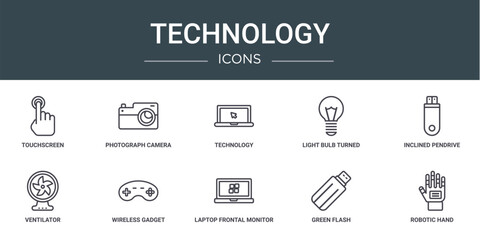 Poster - set of 10 outline web technology icons such as touchscreen, photograph camera, technology, light bulb turned off, inclined pendrive, ventilator, wireless gadget vector icons for report,