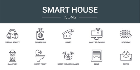 Poster - set of 10 outline web smart house icons such as virtual reality, smart plug, smart, television, heat leak, key, toilet vector icons for report, presentation, diagram, web design, mobile app
