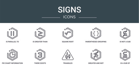 Poster - set of 10 outline web signs icons such as is parallel to, is greater than or equal to, square root, parentheses grouping, is not a sub, pie chart information on money, there exists vector icons for