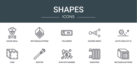 Poster - set of 10 outline web shapes icons such as sailor skull, rectangular prism, followers, sharing media, acute angle of 45 degrees, cube, scepter vector icons for report, presentation, diagram, web
