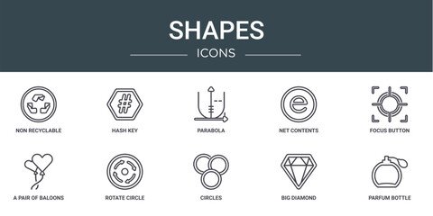 Wall Mural - set of 10 outline web shapes icons such as non recyclable, hash key, parabola, net contents, focus button, a pair of baloons of hearts, rotate circle vector icons for report, presentation, diagram,