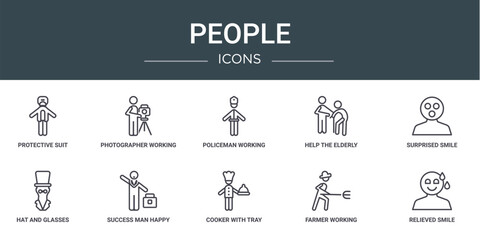 Poster - set of 10 outline web people icons such as protective suit, photographer working, policeman working,
