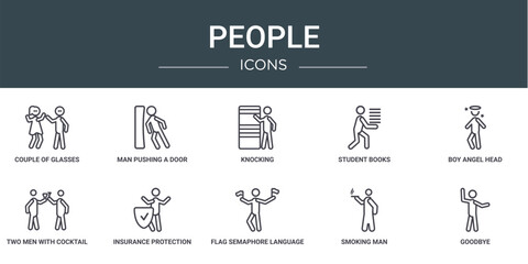 Wall Mural - set of 10 outline web people icons such as couple of glasses, man pushing a door with his body, knoc