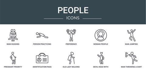 Poster - set of 10 outline web people icons such as man hugging, person practicing a strengthen posture, pref