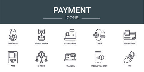 Poster - set of 10 outline web payment icons such as money bag, mobile money, cashier hine, trade, debit payment, atm, sharing vector icons for report, presentation, diagram, web design, mobile app