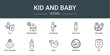 set of 10 outline web kid and baby icons such as tale, kindergarden, fatherhood, safety pin, girl shoes, happy children, feeder vector icons for report, presentation, diagram, web design, mobile app