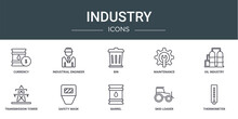 Set Of 10 Outline Web Industry Icons Such As Currency, Industrial Engineer, Bin, Maintenance, Oil Industry, Transmission Tower, Safety Mask Vector Icons For Report, Presentation, Diagram, Web