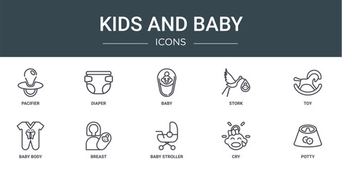 Wall Mural - set of 10 outline web kids and baby icons such as pacifier, diaper, baby, stork, toy, baby body, breast vector icons for report, presentation, diagram, web design, mobile app