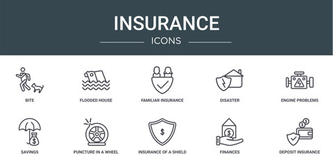 Poster - set of 10 outline web insurance icons such as bite, flooded house, familiar insurance, disaster, eng