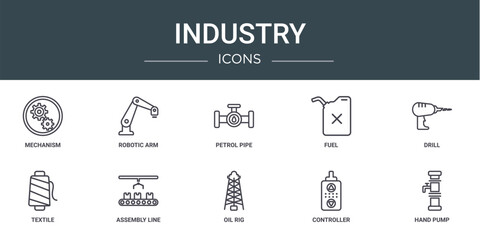 Poster - set of 10 outline web industry icons such as mechanism, robotic arm, petrol pipe, fuel, drill, texti