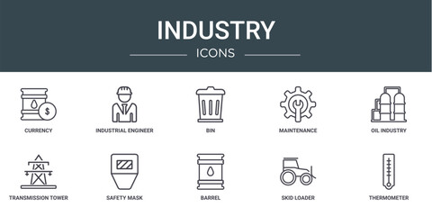 Poster - set of 10 outline web industry icons such as currency, industrial engineer, bin, maintenance, oil in