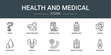 Set Of 10 Outline Web Health And Medical Icons Such As Phary, Blood Pressure, Defibrillator, Desinfectant, Condom, Blood Drop, Urology Vector Icons For Report, Presentation, Diagram, Web Design,