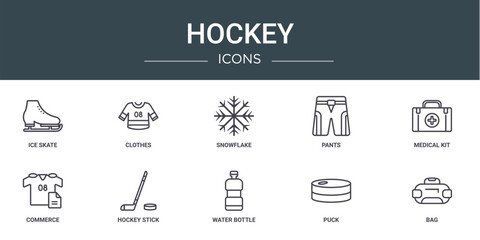 Wall Mural - set of 10 outline web hockey icons such as ice skate, clothes, snowflake, pants, medical kit, commerce, hockey stick vector icons for report, presentation, diagram, web design, mobile app