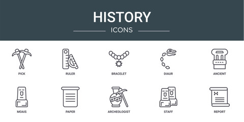Wall Mural - set of 10 outline web history icons such as pick, ruler, bracelet, diaur, ancient, moais, paper vector icons for report, presentation, diagram, web design, mobile app