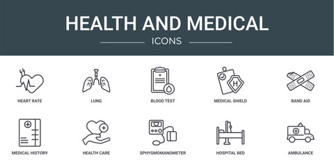 Poster - set of 10 outline web health and medical icons such as heart rate, lung, blood test, medical shield,