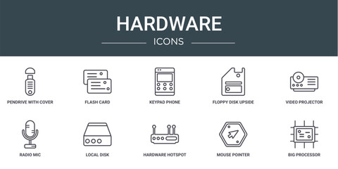 Poster - set of 10 outline web hardware icons such as pendrive with cover, flash card, keypad phone, floppy d