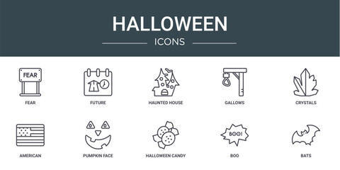 Wall Mural - set of 10 outline web halloween icons such as fear, future, haunted house, gallows, crystals, americ