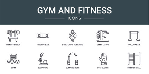 Wall Mural - set of 10 outline web gym and fitness icons such as fitness bench, triceps bar, stretching punching ball, gym station, pull up bar, swim, elliptical vector icons for report, presentation, diagram,