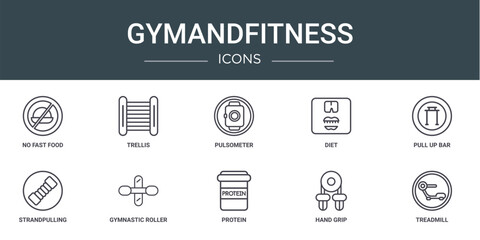 Wall Mural - set of 10 outline web gymandfitness icons such as no fast food, trellis, pulsometer, diet, pull up bar, strandpulling, gymnastic roller vector icons for report, presentation, diagram, web design,