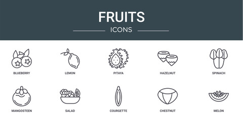 Wall Mural - set of 10 outline web fruits icons such as blueberry, lemon, pitaya, hazelnut, spinach, mangosteen, 