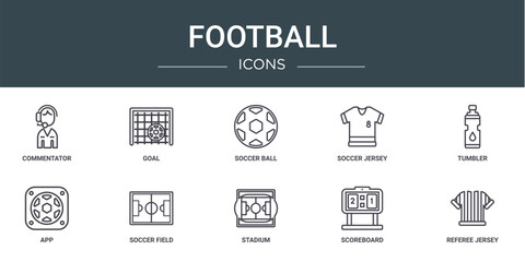 Poster - set of 10 outline web football icons such as commentator, goal, soccer ball, soccer jersey, tumbler,