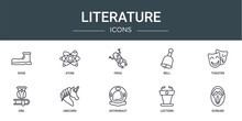 Set Of 10 Outline Web Literature Icons Such As Shoe, Atom, Frog, Bell, Theater, Owl, Unicorn Vector Icons For Report, Presentation, Diagram, Web Design, Mobile App