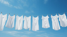 White Clothes On A Laundry Line, Against Blue Sky With Light Clouds. Copy Space.