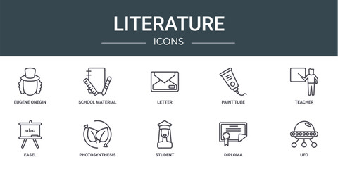 Poster - set of 10 outline web literature icons such as eugene onegin, school material, letter, paint tube, teacher, easel, photosynthesis vector icons for report, presentation, diagram, web design, mobile